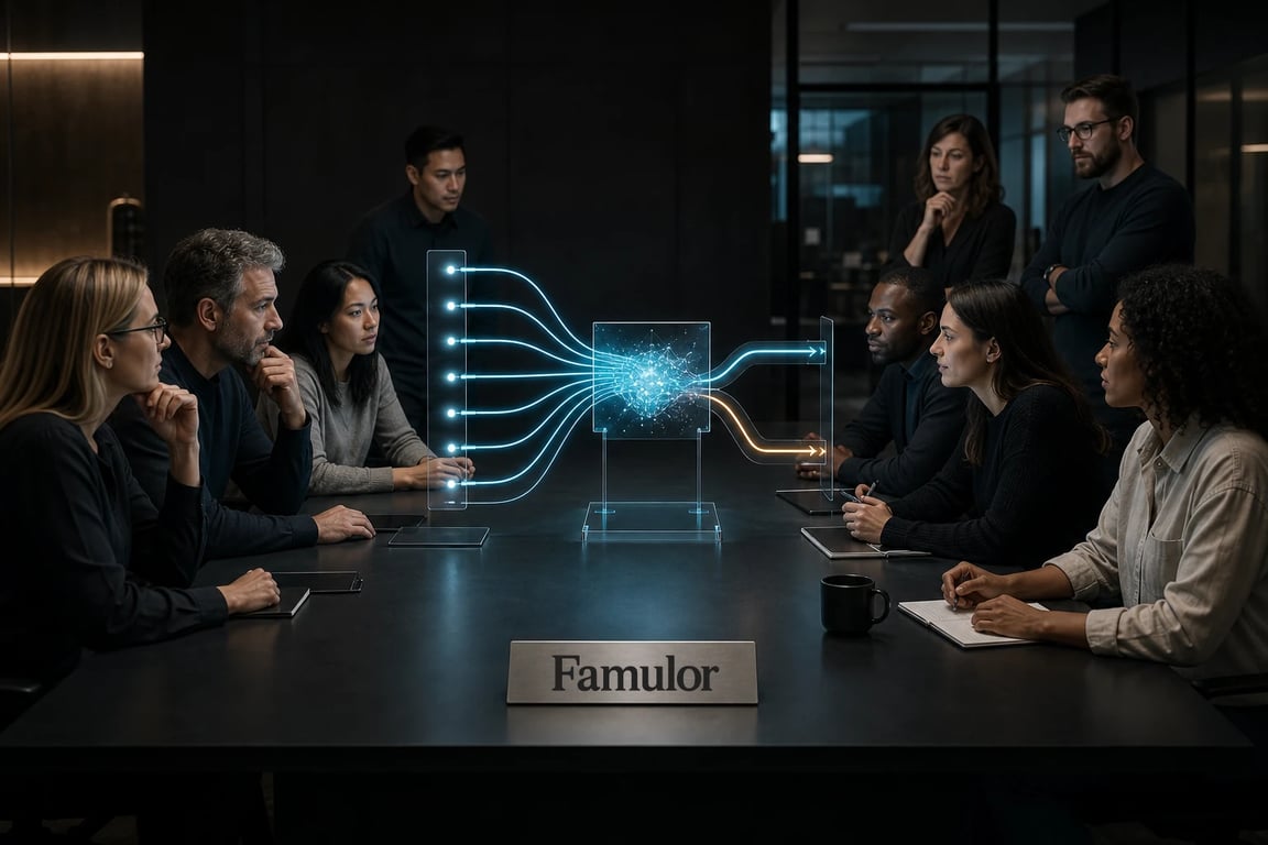 Famulor omnichannel team planning AI automation and human handoffs across six communication channels