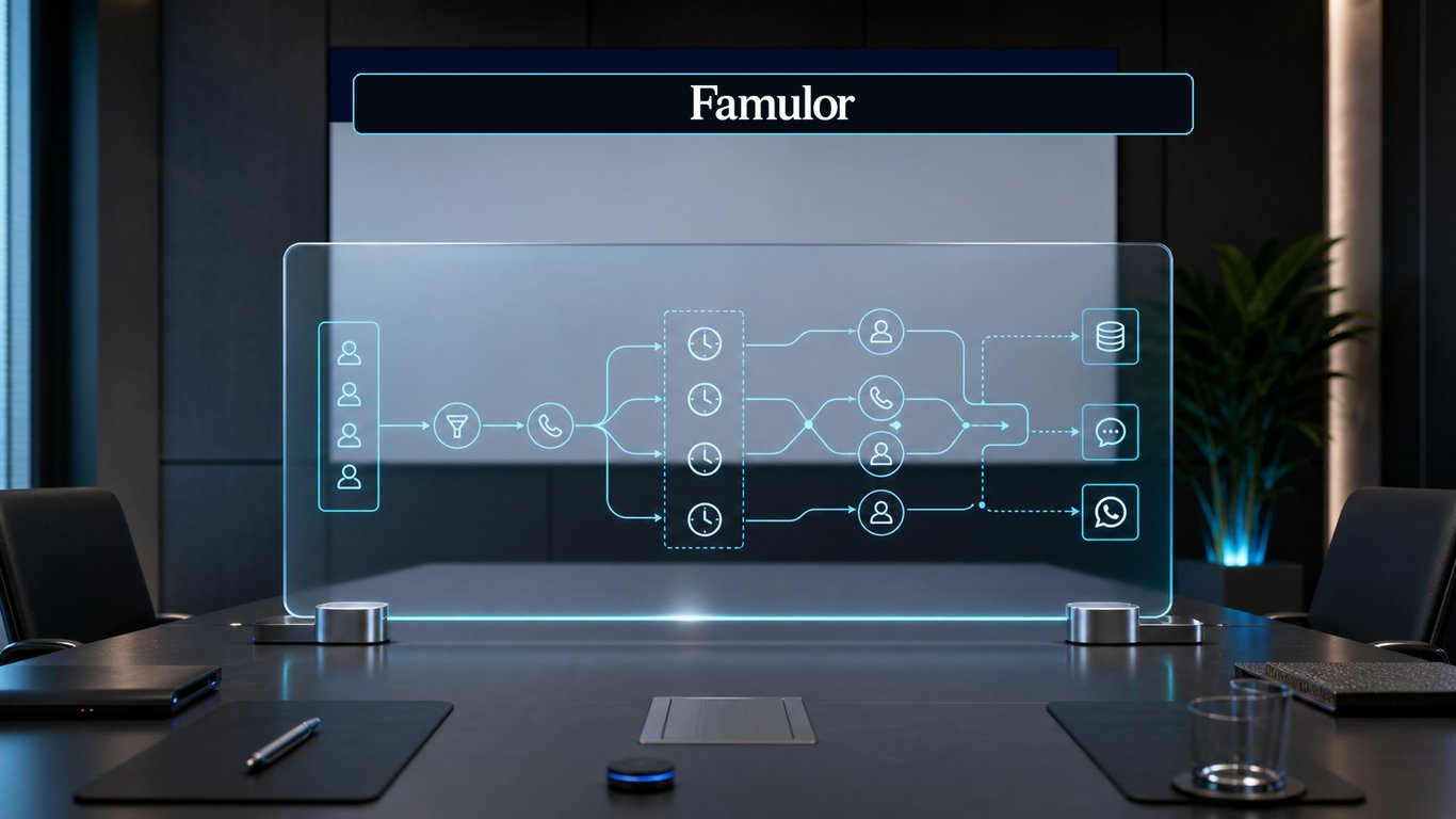 Famulor campaign architecture for call volume planning with lead flow, call windows, and follow-up channels