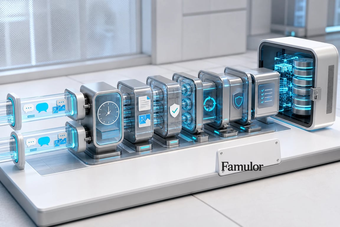 Famulor webhook architecture with timestamp, validation, retry, and storage stages