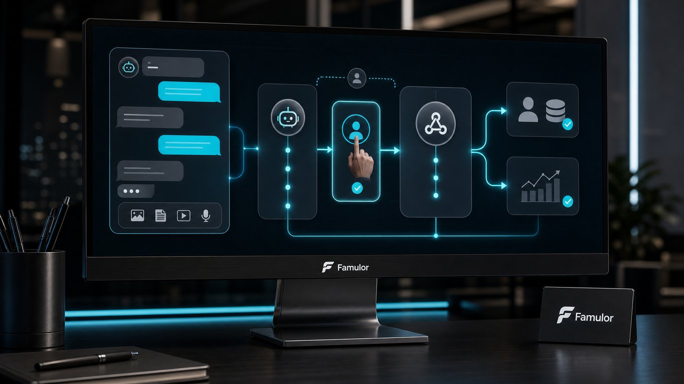 Famulor workflow for WhatsApp AI, human takeover, webhooks, CRM, and analytics