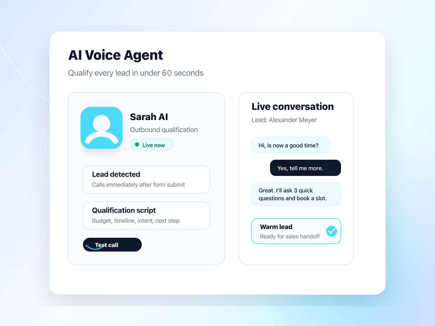 Famulor AI voice agent dashboard with live conversation and lead qualification