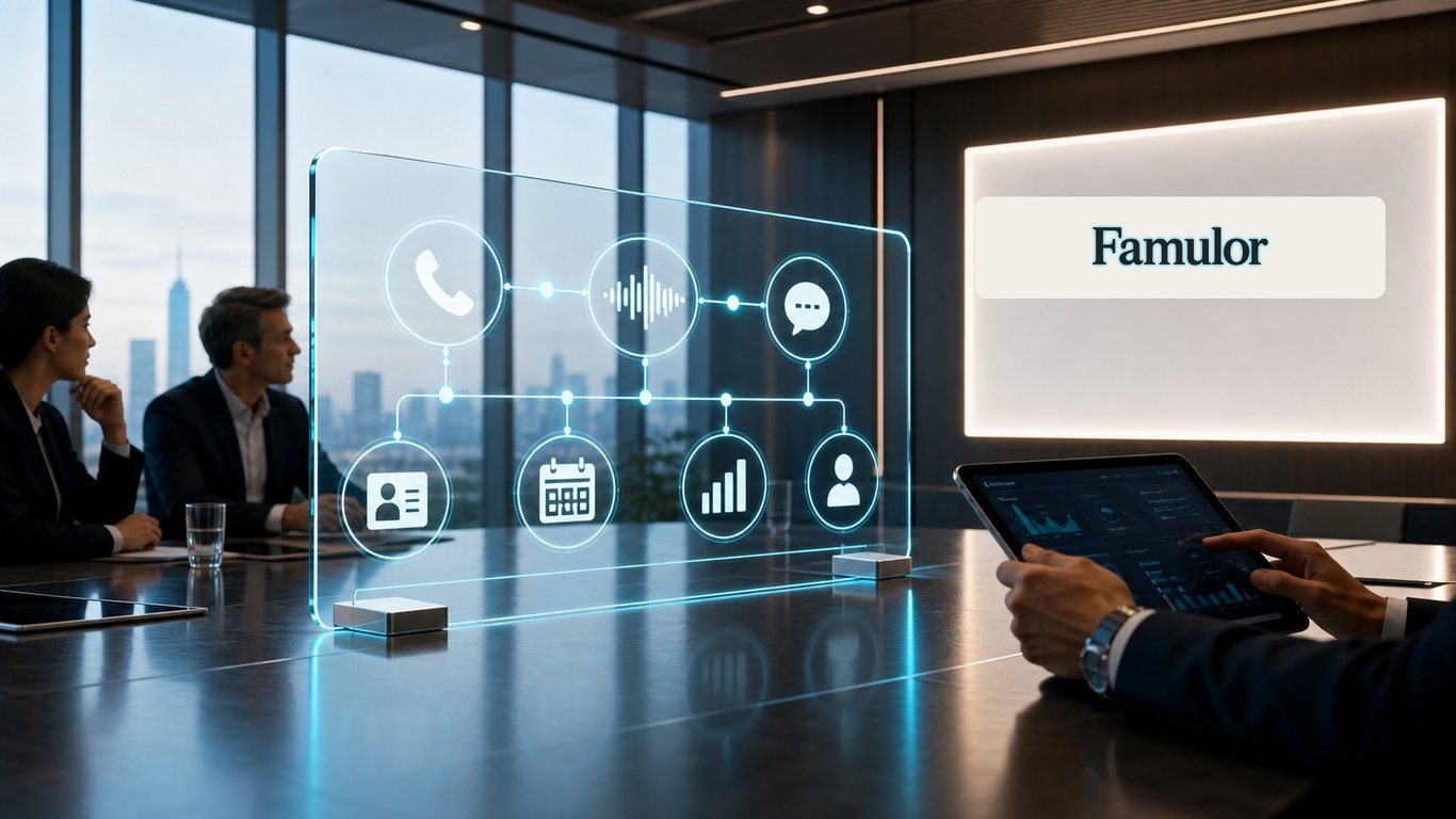 Famulor missed-call recovery workflow with phone AI, messaging follow-up, CRM, and calendar