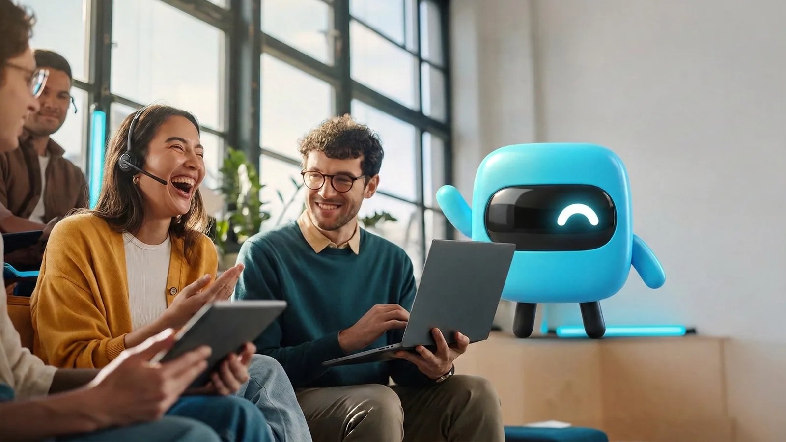 A team learning with the Famulor mascot