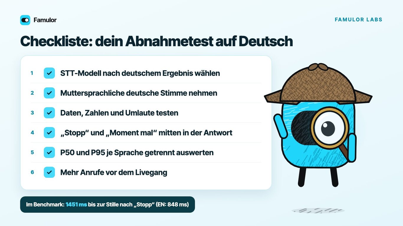 Checkliste für den deutschen Abnahmetest eines Voice Agents mit sechs Punkten